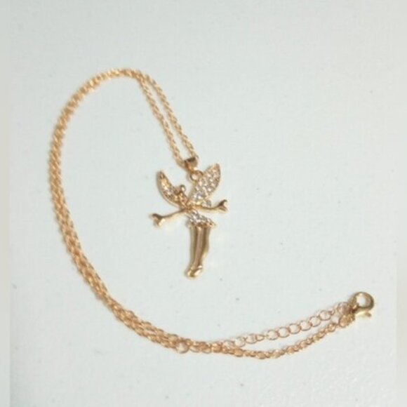 Tinkerbell Disney Gold Tone Cubic Zirconia Studded Pendant Necklace New - Picture 2 of 5